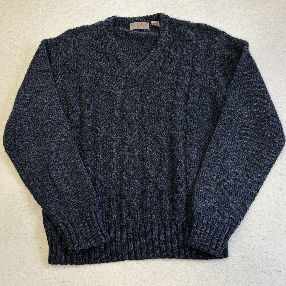 Vtg J. Todd Sweater Mens L Navy Blue Good Vintage Cable Knit V-Neck Wool Blend